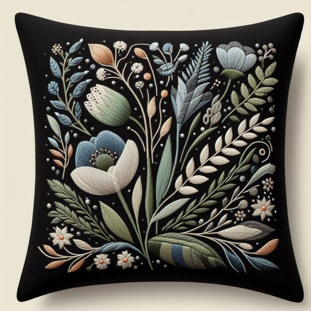 haftowana poduszka z motywem roślinnym